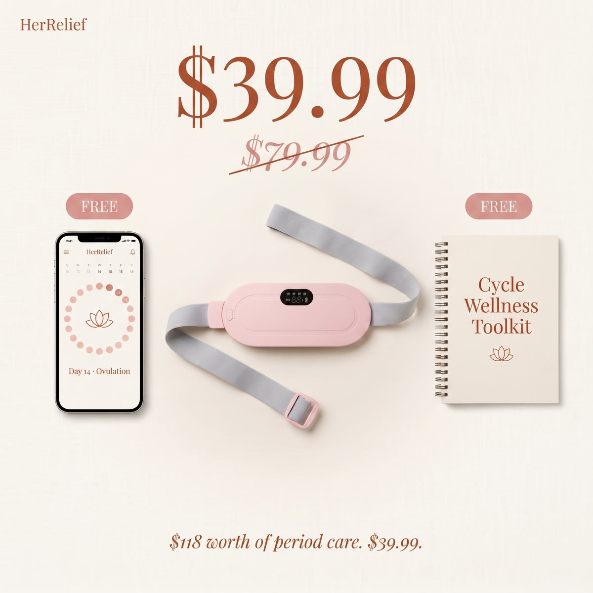 HerRelief heating belt + free Cycle Tracker app + free Cycle Wellness Toolkit — $39.99 (was $79.99)