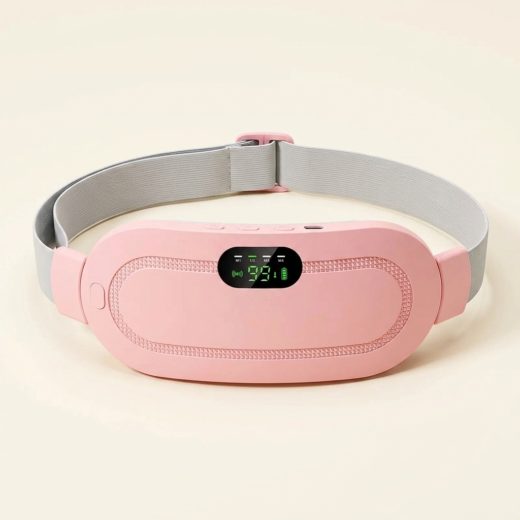 HerRelief heating belt worn, LED display visible — real product photo