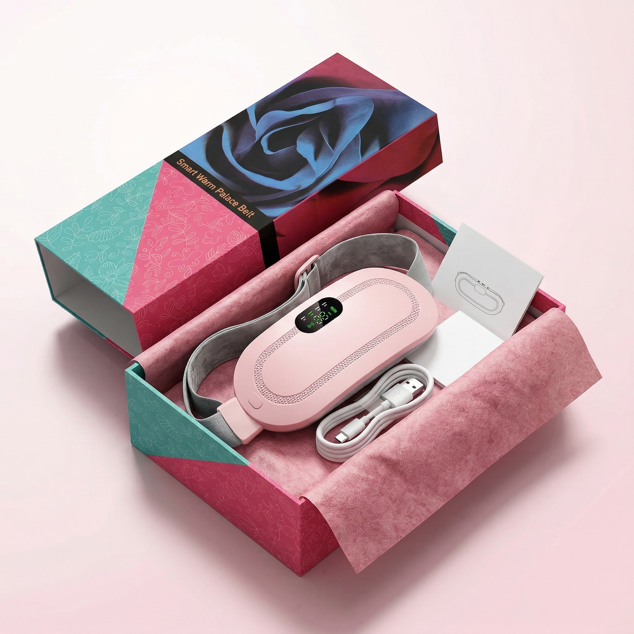 HerRelief 3D unboxing — rose and teal gift box open showing pink belt, USB-C cable, and instruction booklet inside