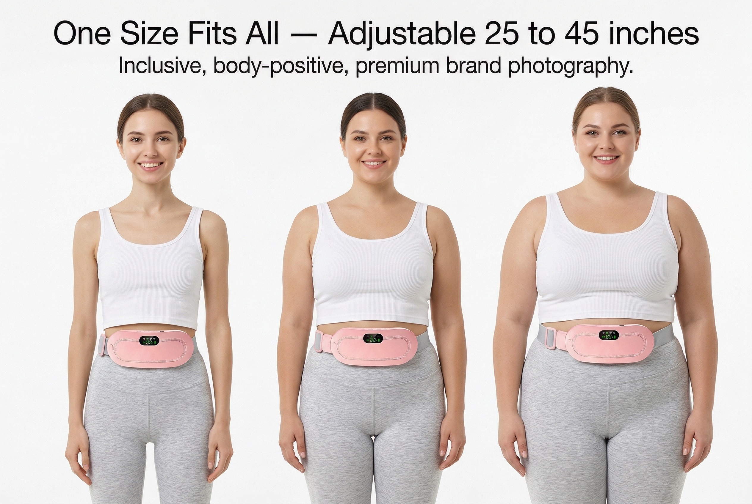 HerRelief heating belt shown on 3 different body types — petite, medium, and curvy — demonstrating adjustable fit