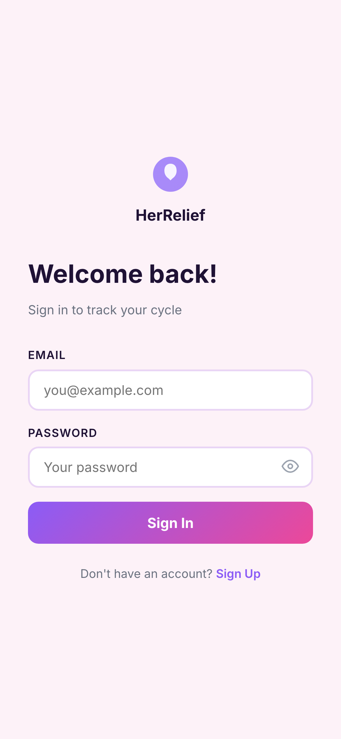 HerRelief period tracker companion app — cycle predictions, symptom logging, belt presets